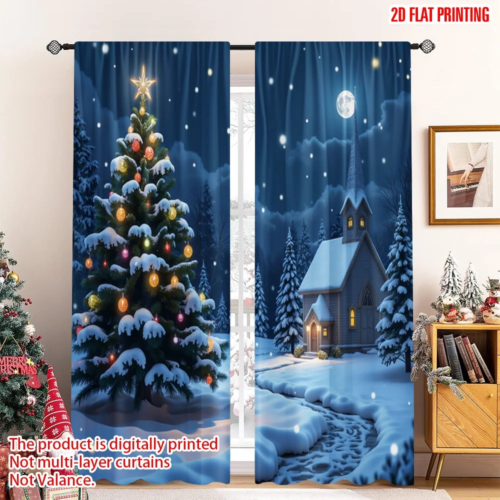 

2pcs 2D flat printing Christmas Party Curtain Christmas Eve Snowing Night Scenery 100% Polyester Without Electricity Party