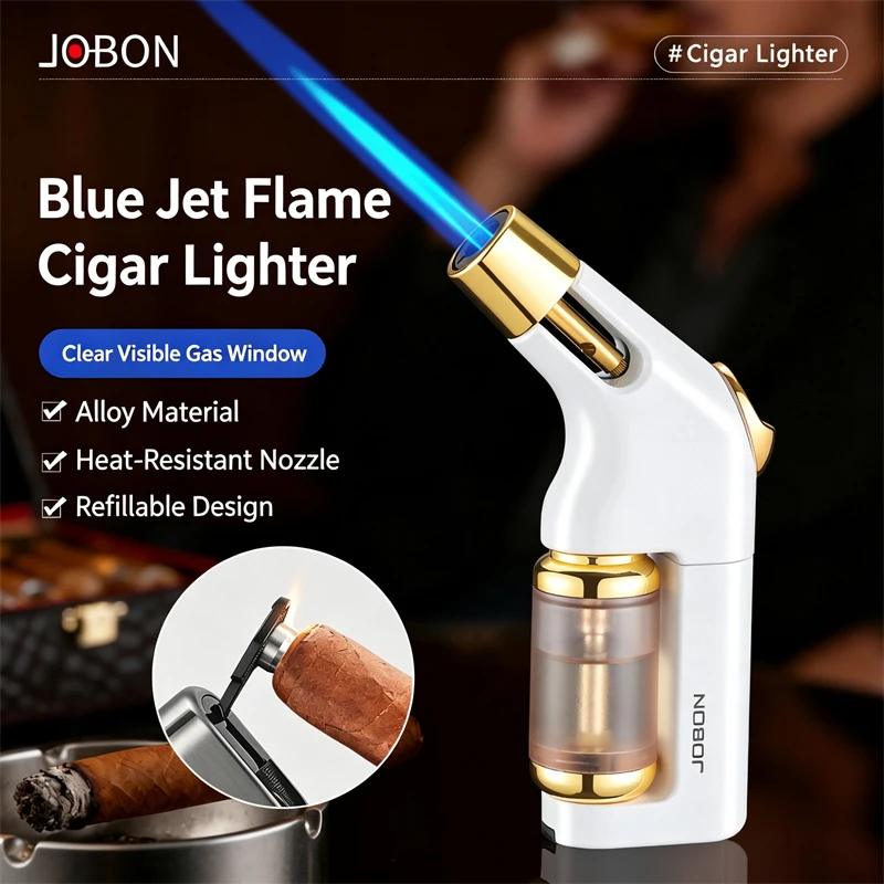 JOBON Windproof Cigar Lighter Transparent Visual Gas with Cigar Drill Adjustable Blue Flame Lighters for Camping BBQ Candles