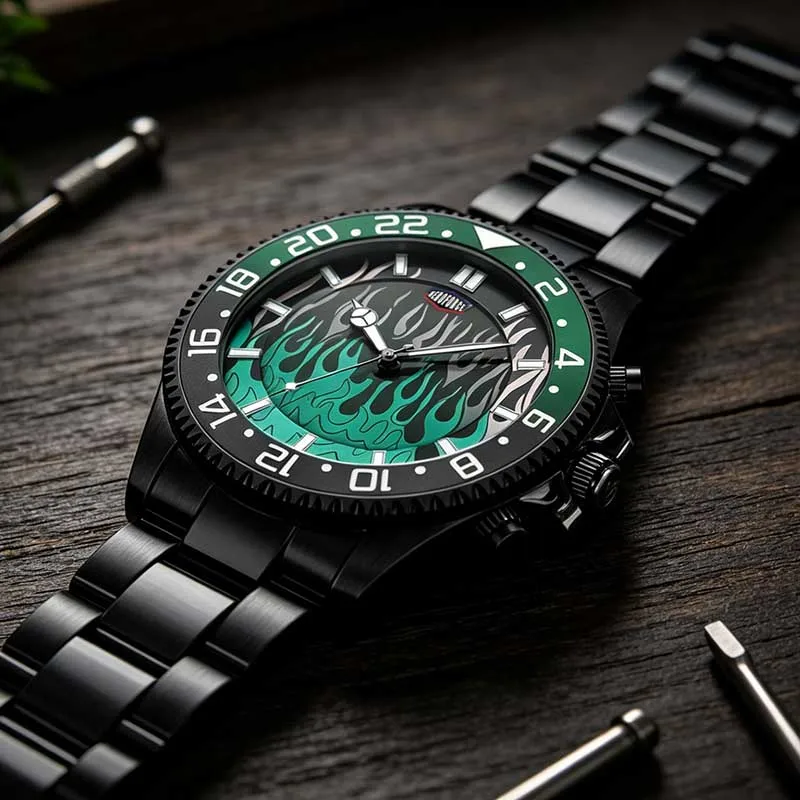 

HEROFORCE Design New Original Men's Watch Top Luxury Fashion Men's Quartz Watch Sapphire Waterproof Luminous Flame Green Dial