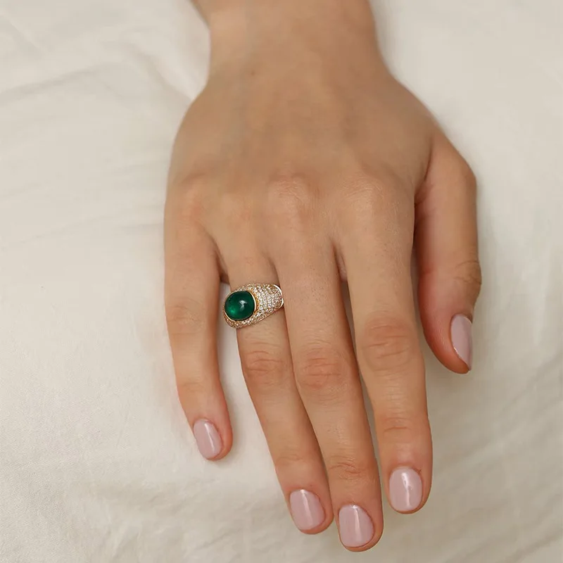 Modern Vintage Gold Tone Wide Pave Clear CZ Emerald Green Oval Rings for Women Party