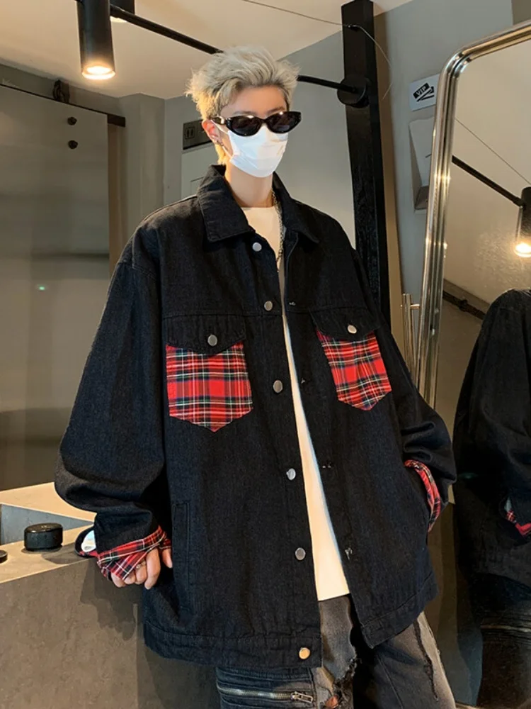 

Красная клетчатая джинсовая куртка для мужчин, весенне-осенняя, с отложным воротником, молодежная рабочая куртка, американский повседневный стиль, свободный крой