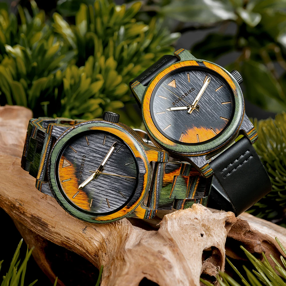 2023 BOBO BIRD Men Wooden Watches Leisure Fashion Colored Wood Quartz Wristwatch Reloj Hombre Personalized Custom Gift