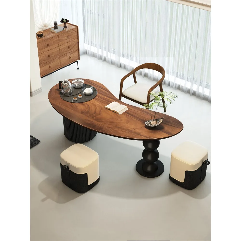 Medieval walnut tea table and chair balcony living room curved solid wood tea table desk integrated dual-purpose 2026 new