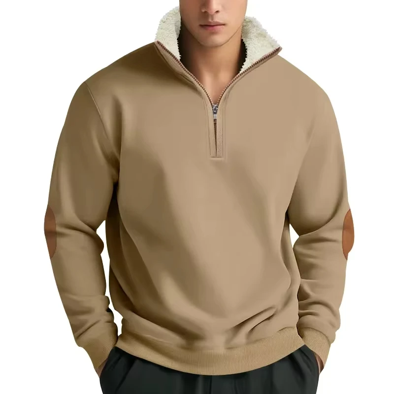 

Men's Half-Zip Sweatshirt Men's Autumn and Winter Lamb Wool Stand Collar Embroidered Splicing Sweatshirt Men's Plus Velvet