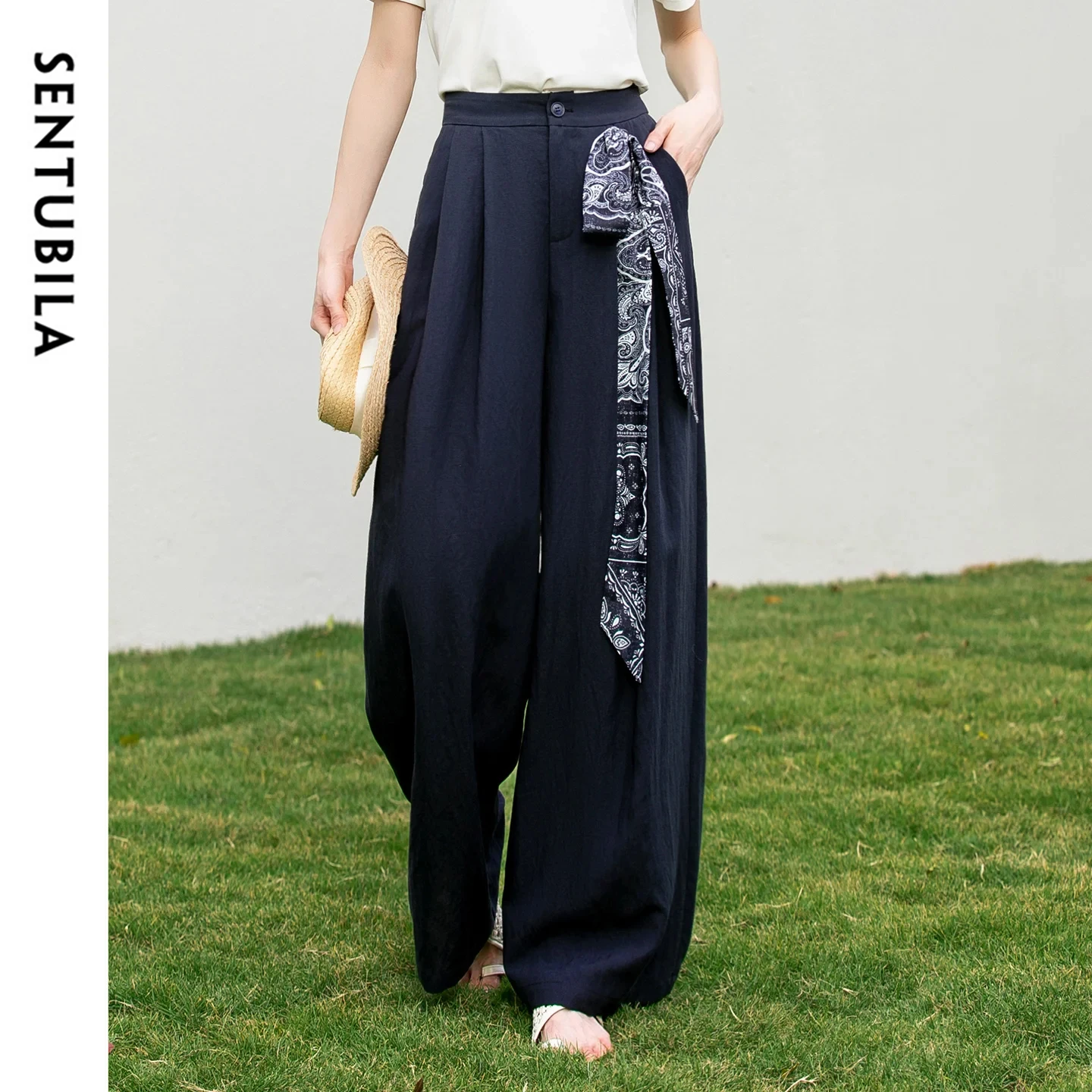 SENTUBILA Women's Minimalist Wide Leg Pants 2026 Summer New Removable Printed Scarf Loose Commute Casual Trousers 162KD3570