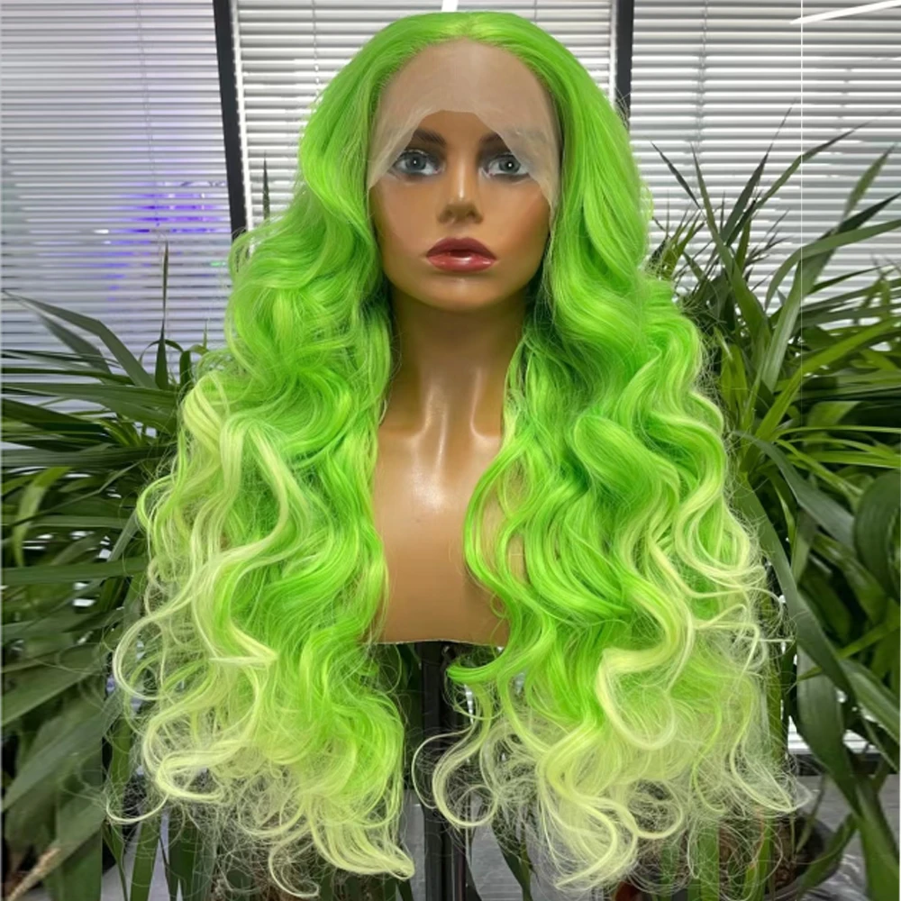 Synthetic Wig High Quality Lace Front Breakdown Free Long Wave  Green Color  Hair Heat Resistant Fiber Cosplay/Daily/Party Wear