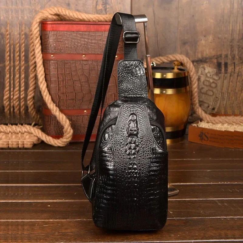 Crocodile Pattern Genuine Leather Casual Sling Bag Men's Chest Pack Crossbody Shoulder Messenger Bags for Travel Zipper Style