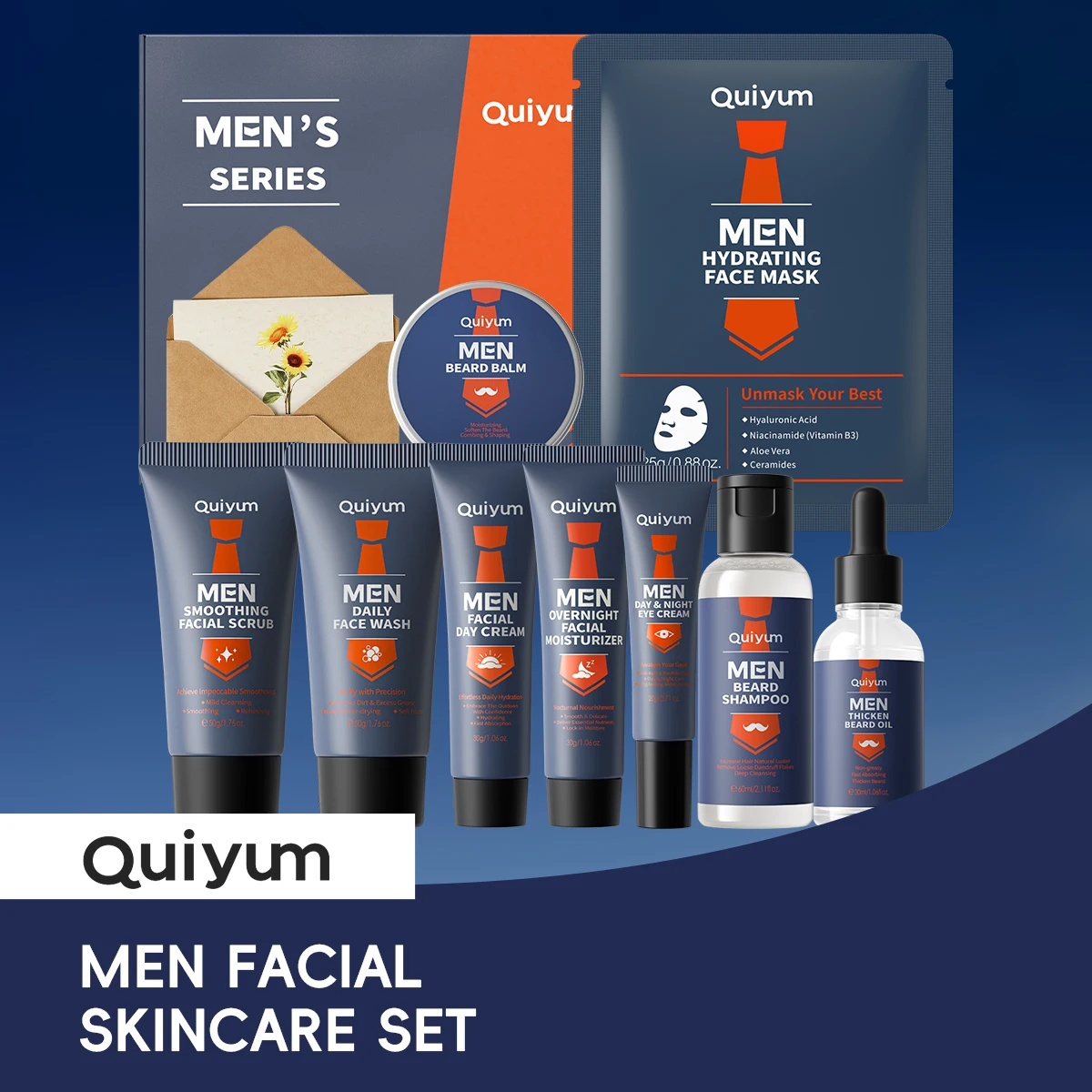 11‑IN‑1 QUIYUM Men’s Skincare & Beard Care Gift Set, Facial Daily Routine + Beard Oil Balm Beard Shampoo, Face Mask Gift Box