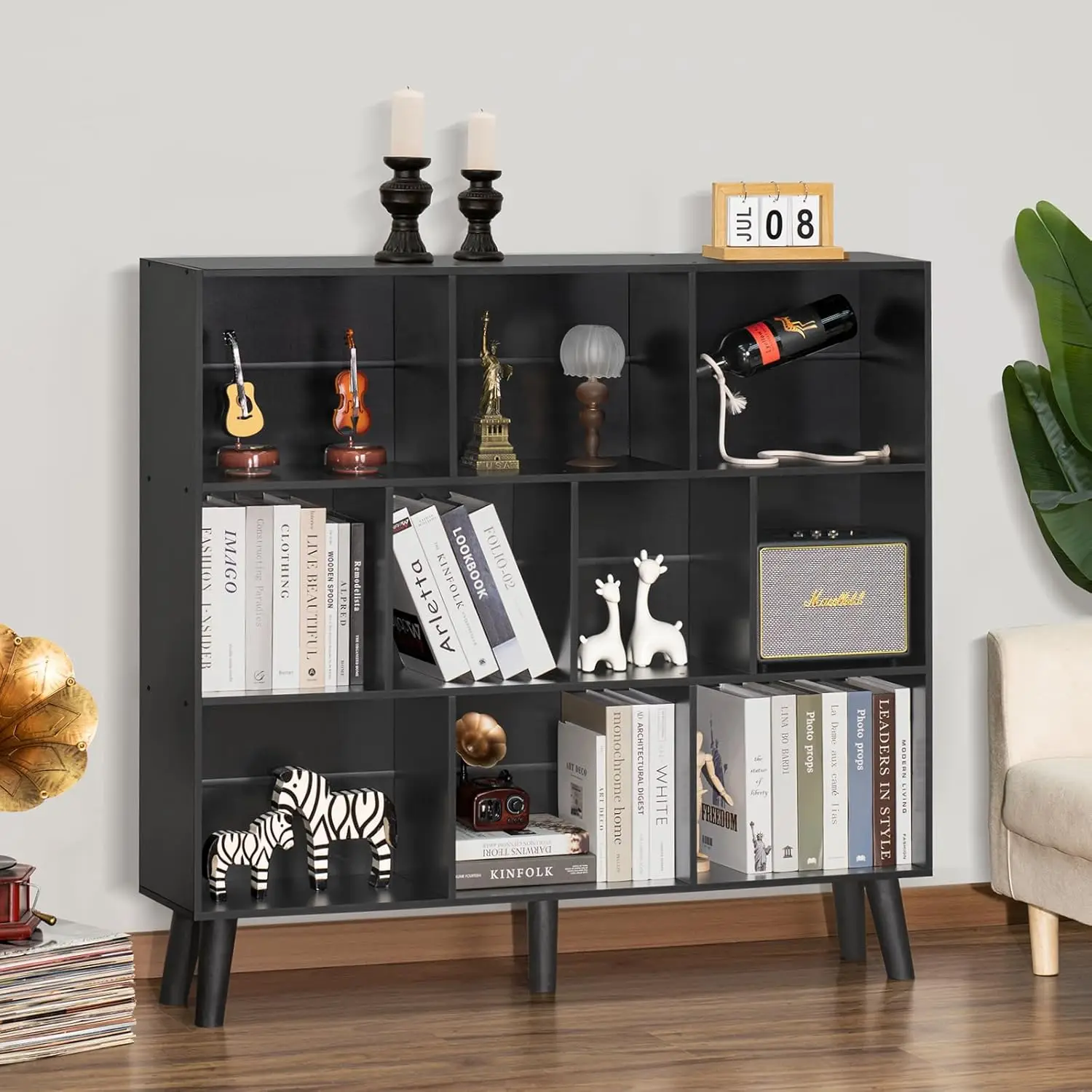 10 Cube Bookshelf,3 Tier Bookcase with Legs,Black Mid-Century Modern Bookshelves,Large Free Standing Open Storage Organizer