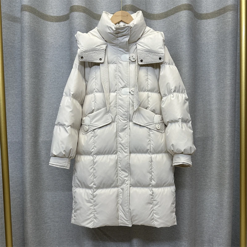 Winter Hooded Thicken Mid Length Down Jacket Female Warm Zipper Waterproof Jackets Women White Duck Down Pocket Parker Outwears