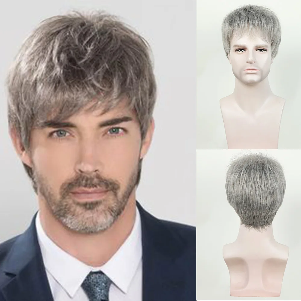 

Европейский и американский мужской парик: объемные короткие прямые волосы, черно-серый парик из синтетического волокна для повседневного ношения