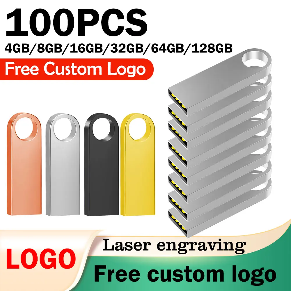 

100pcs Metal USB 2.0 Flash Drives 64GB 32GB Waterproof Photography Memory Stick 16GB 8GB 4GB Pen Drive Free Customized Logo