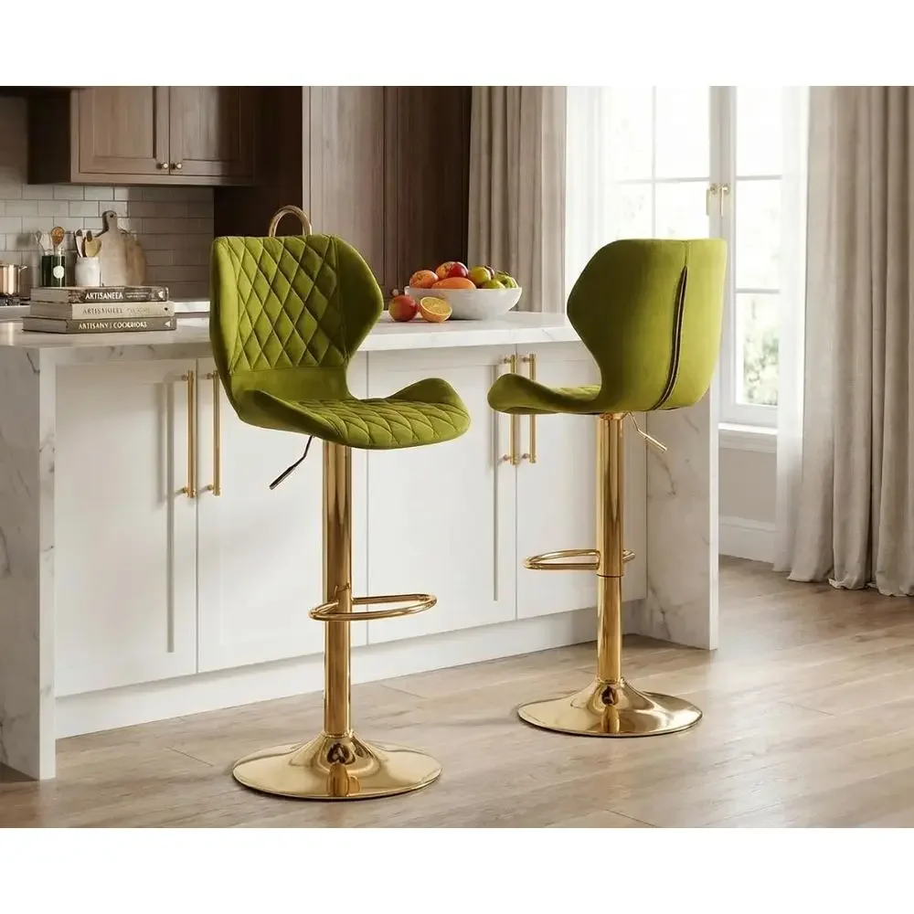 Conjunto de 2 Banquetas Ajustáveis de Veludo, Douradas e Verdes, Cadeiras de Balcão com Altura de 23.6-31.5 Polegadas