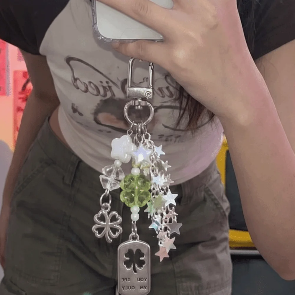 Star Four-Leaf Clover Bag Charm Lucky Leaves Acrylic Lanyard Chain Accessory Colored Bead Hook-up Phone Charm Pendant Student