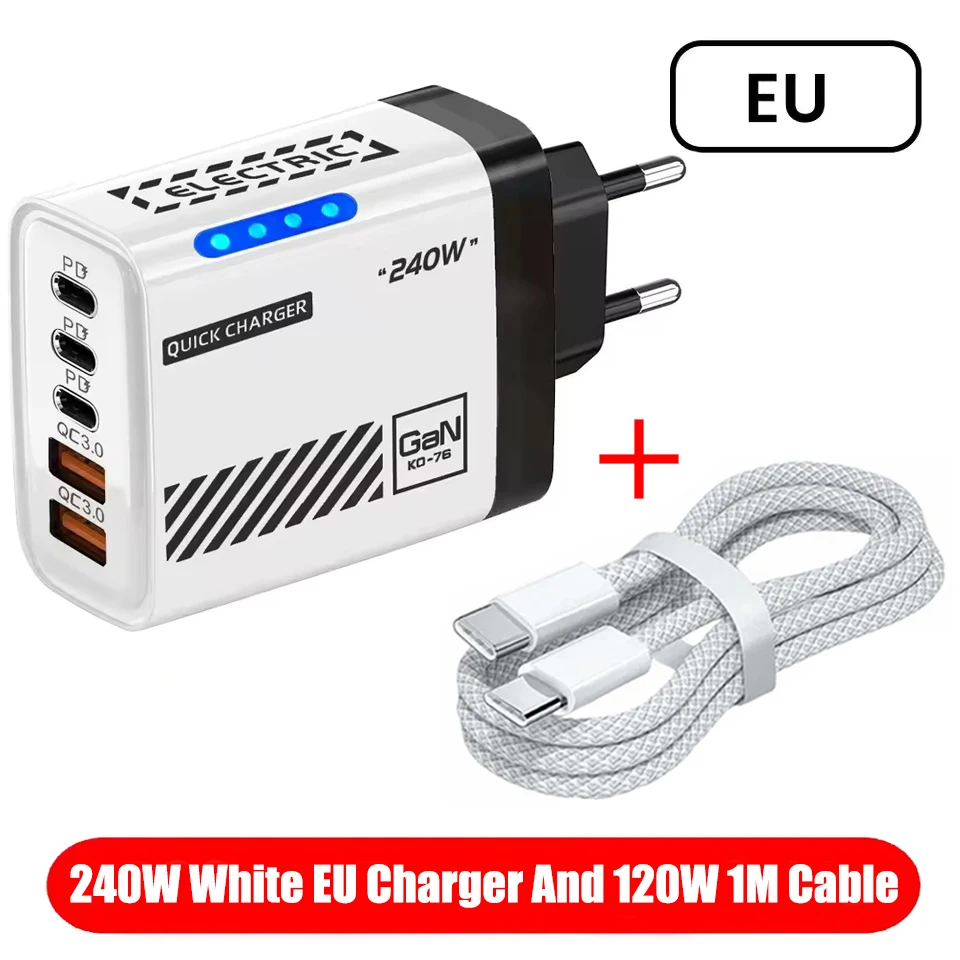 5-in-1 GaN bureaulader voor iPhone 17, 16 Pro, laptop, Samsung, 240W snellaadadapter, USB-C naar Type-C kabel, 3PD, 2USB-lader
