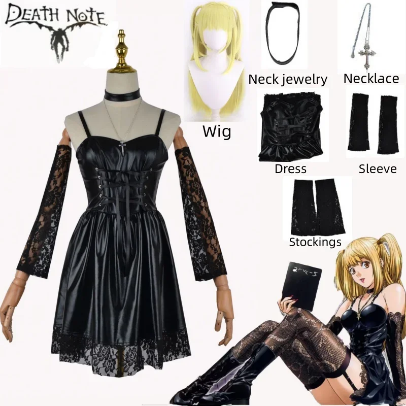 

Misa Amane Death Note cosplay costumes Imitation Leather Sexy Dress Necklace Lace Sleeves Stockings Women Uniforms Anime Outfits