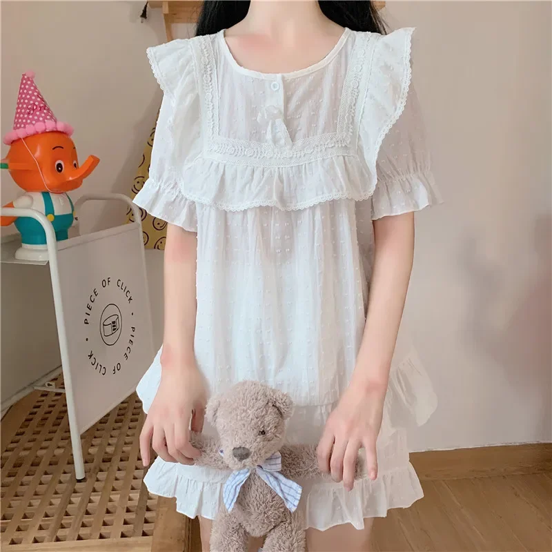 lolita princes white pure cotton pajama set women sleepwear 2 piece set short sleeve summer girls loungewear home suit Y720