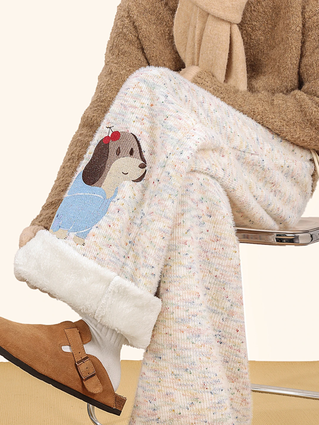 

Thiened Embroidered Fce Lined Casual Pants Men's Winter Faion Brand Outerwear Straight Leg Warm Loose Fit Trousers