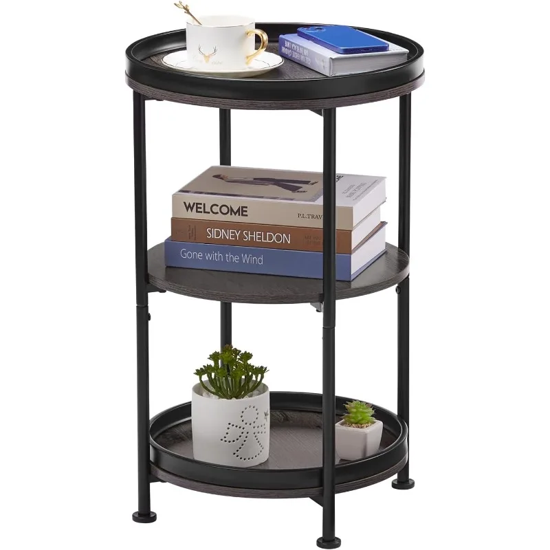 Side table, round side table with 3 shelves for living room, bedroom, outdoor decoration coffee table, gray