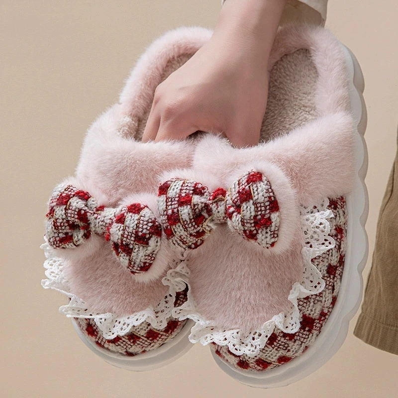 Baize Bowknot Fur Slippers for Women Sweet Fleece Thick Warm Cotton Slippers Woman Winter 2025 Soft Sole Living Room Shoes Mujer
