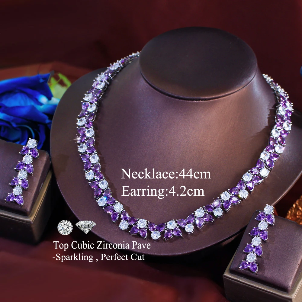 BeaQueen Luxury Purple White Round Teardro Cubic Zircon Necklace Earring Sets for Women Bridal Wedding Party Dress Jewelry T1006