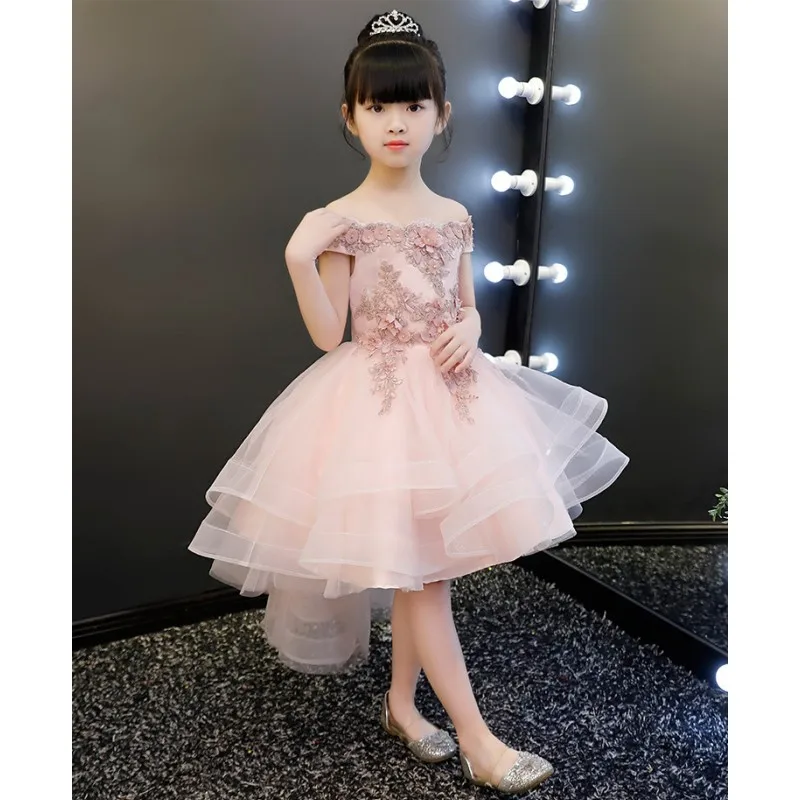 

New Pink Lace Princess Dress Shoulderless Birthday Party Wedding Appliques Ball Gown Elegant Formal Girls First Communion Gown