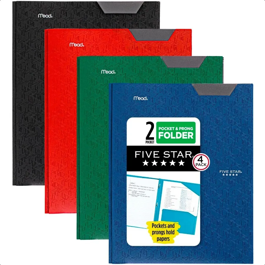 

2Pocket Folder 4 Pack Plastic Folder with StayPut Tabs and Prong Fasteners Holds 81 2 x 11 Paper Black Fire Red Forest Green Pa