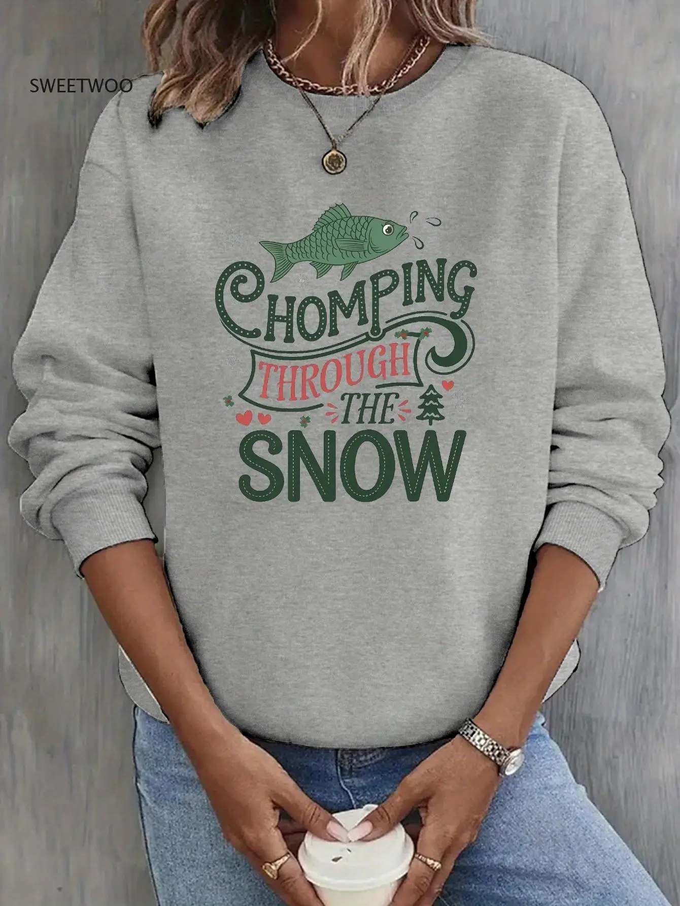 

Chomping Through The Snow Graphic Print Sweatshirt, Crew Neck Casual Sweatshirt for Fall & Spring, Women's Clothing