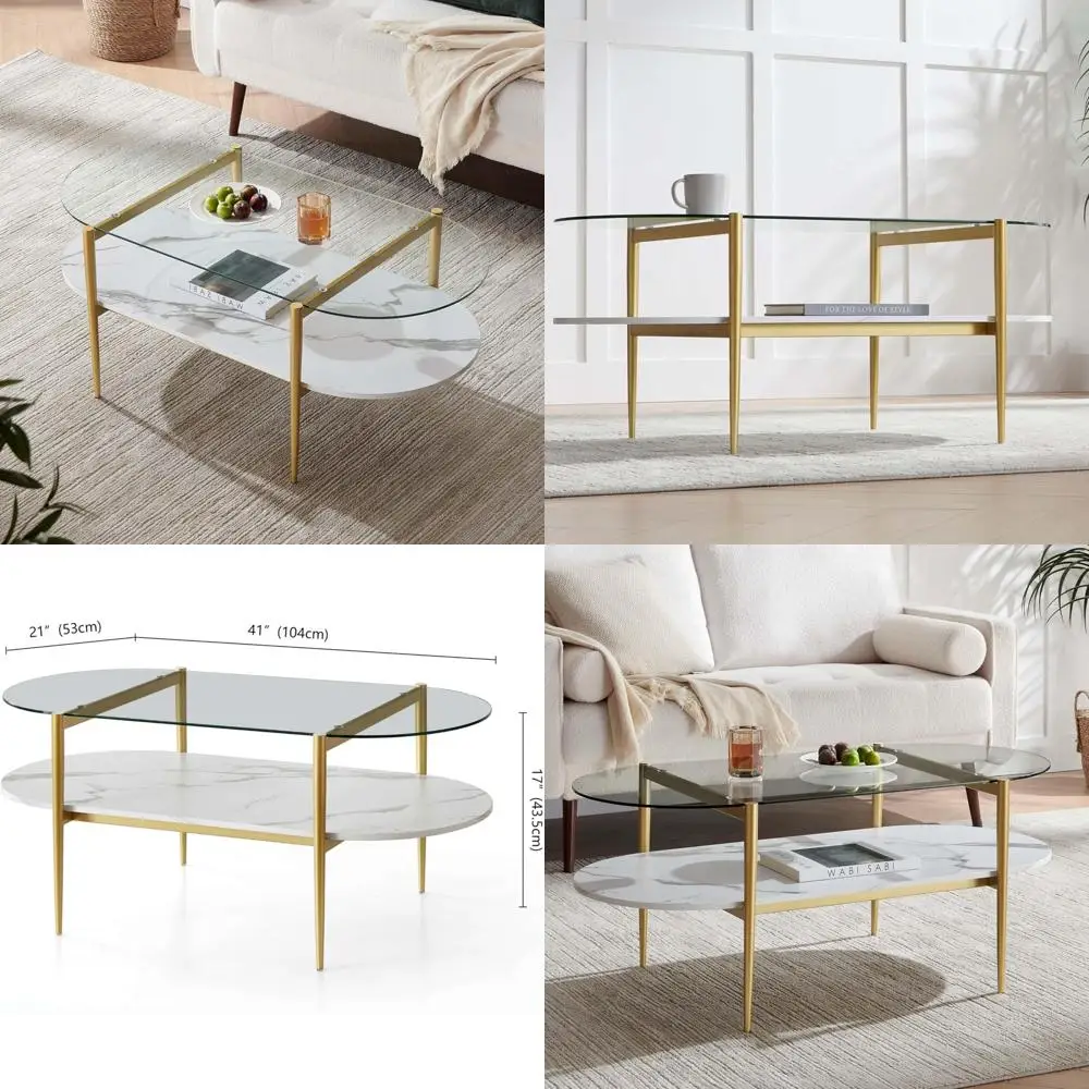 Mid-Century Oval Coffee Table with Clear Glass and White Marble Finish for Living Spaces