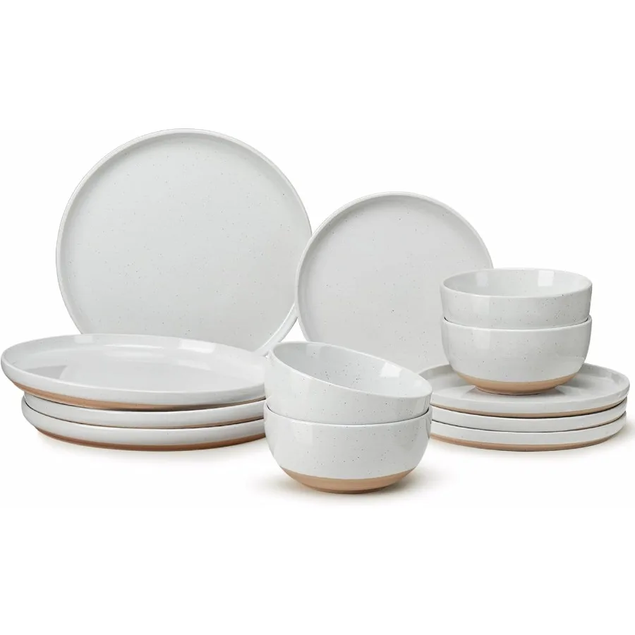 

12 Pieces Farmhouse Stoneware Dinnerware Sets Speckled Ceramic Plates and Bowls Set Matte Terracotta Underside Ceramic Dishes S