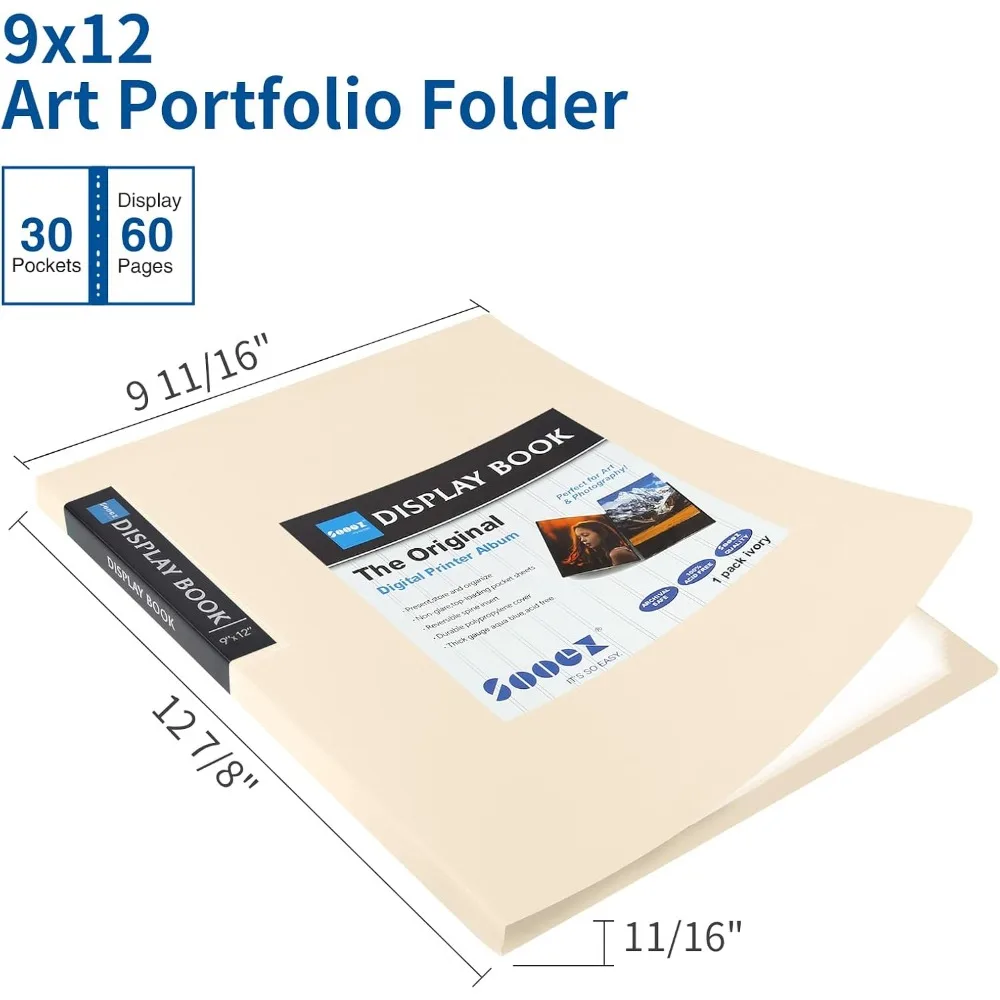 แฟ้ม 30 ช่องพร้อมปลอกพลาสติก 9x12 (สีงาช้าง) โฟลเดอร์ผลงานศิลปะสำหรับงานหนักพร้อมแผ่นป้องกันแบบใส แสดง 60 หน้า