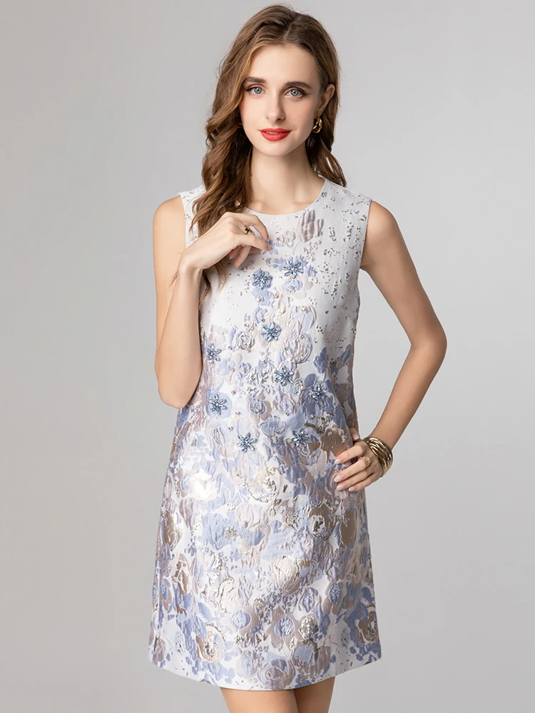 DSXDFACAIRIJ ผู้หญิง O-คอแขนกุด Jacquard ชุดเสื้อกั๊กเพชรรายละเอียด Elegant Party แฟชั่นฤดูร้อนหญิง