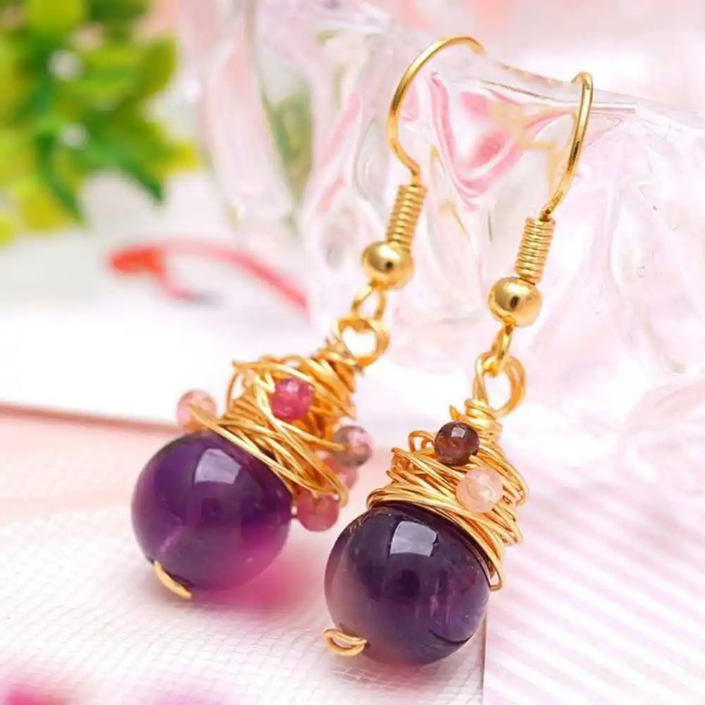 10MM Natural Amethyst Tourmaline Beads Earrings 18k Hook eardrop Diy Classic Wedding Lucky Aquaculture New Christmas