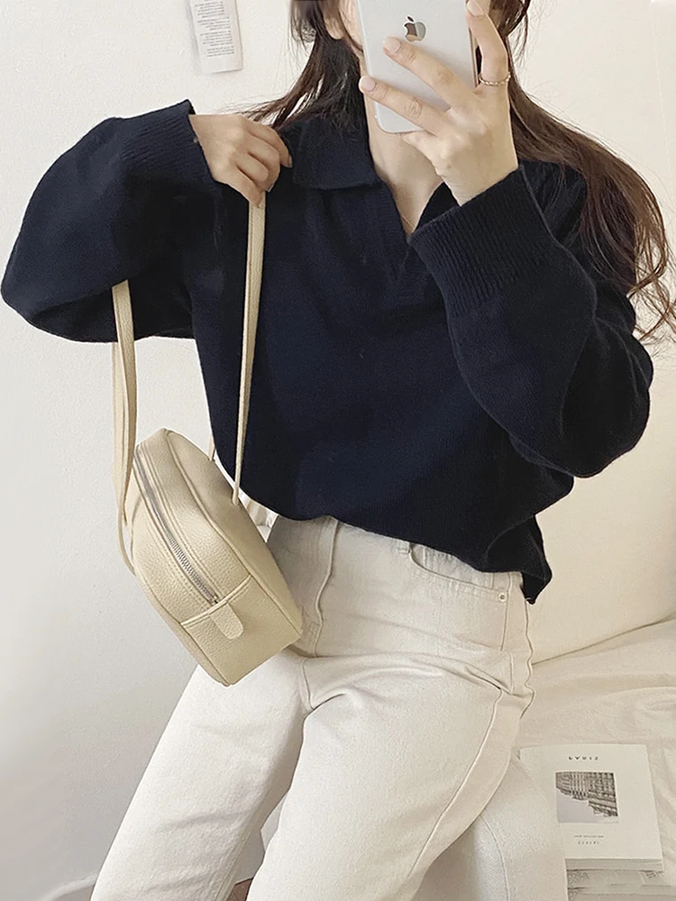 

Chic Autumnal Lazy Sle Ne Loose Casual Versatile Long Sve Color Knitted Sweater for Women Commute Friendly