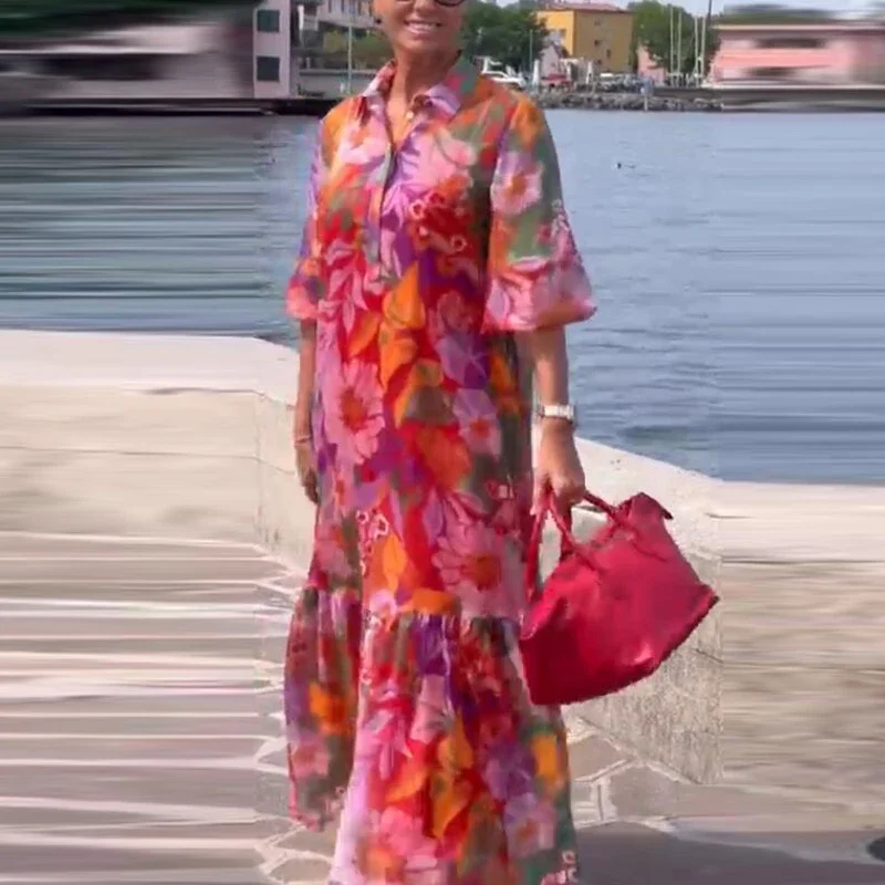 Letnie sukienki w stylu bohemy dla kobiet Sukienka długa z nadrukiem kwiatowym Sukienki w stylu boho na wakacje na plaży Casualowa sukienka z półrękawkiem Luźna sukienka na imprezę