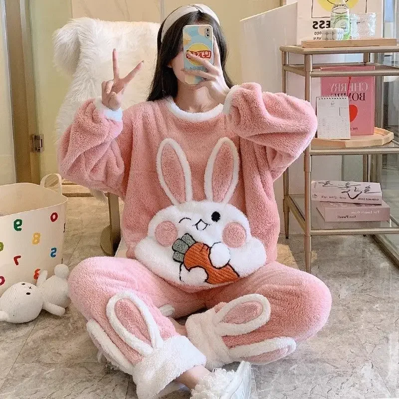 

Nightgown Woman Autumn and Winter Cute Sweet Three-dimensional Rabbit with Velvet Coral Velvet Warm Cartoon Dormitory Home Suit