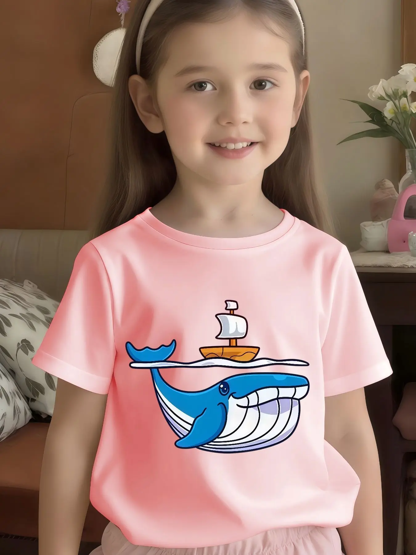 Cartoon Whale And Sailing Ship Print Kids T Shirt Boys Girls Family Match Cotton Short Sleeve Summer Children Casual Basic Wear