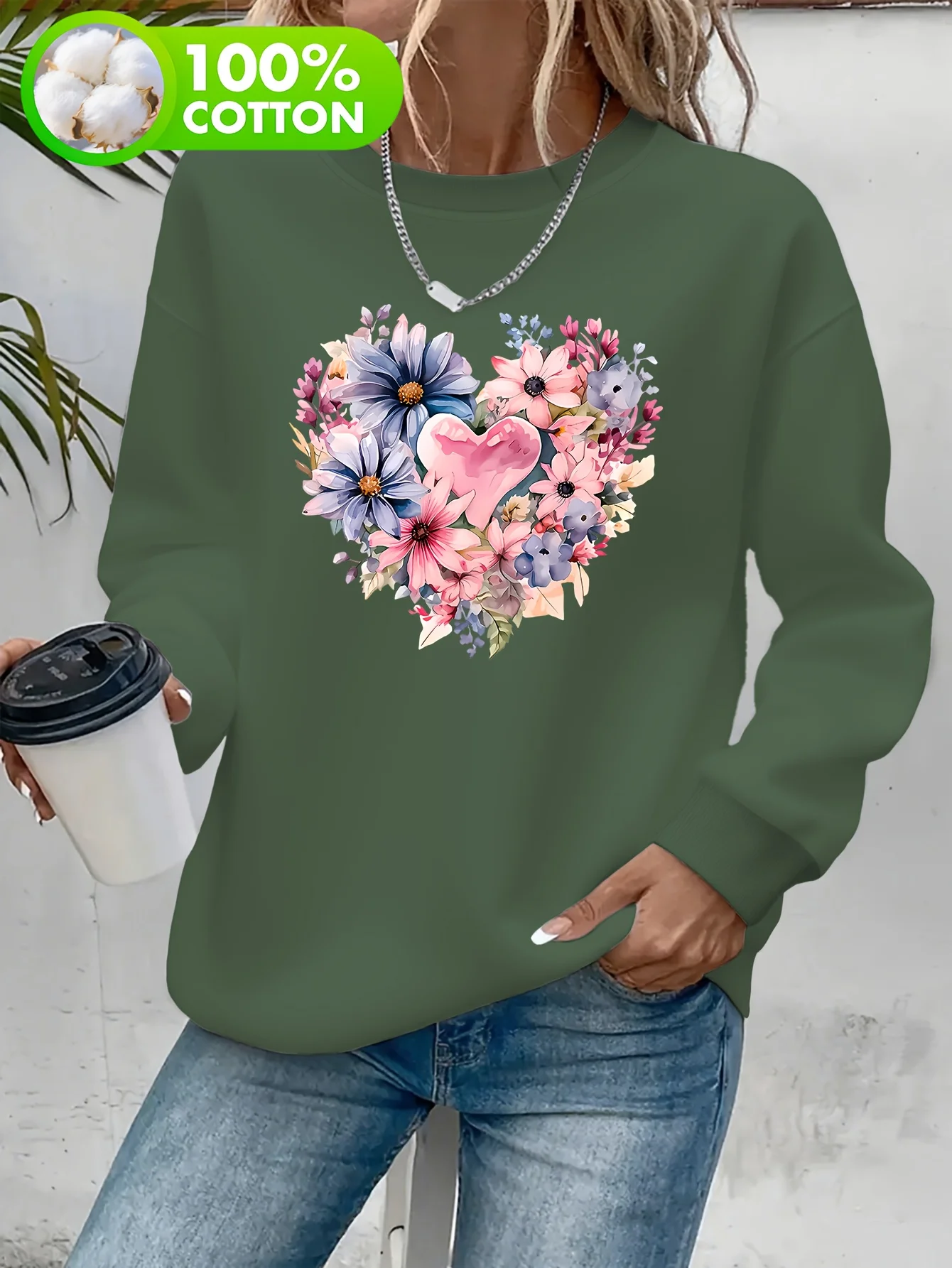 Maglione girocollo senza cappuccio al 100% con stampa floreale a forma di cuore ad acquerello, maglione casual a maniche lunghe stile retrò da donna