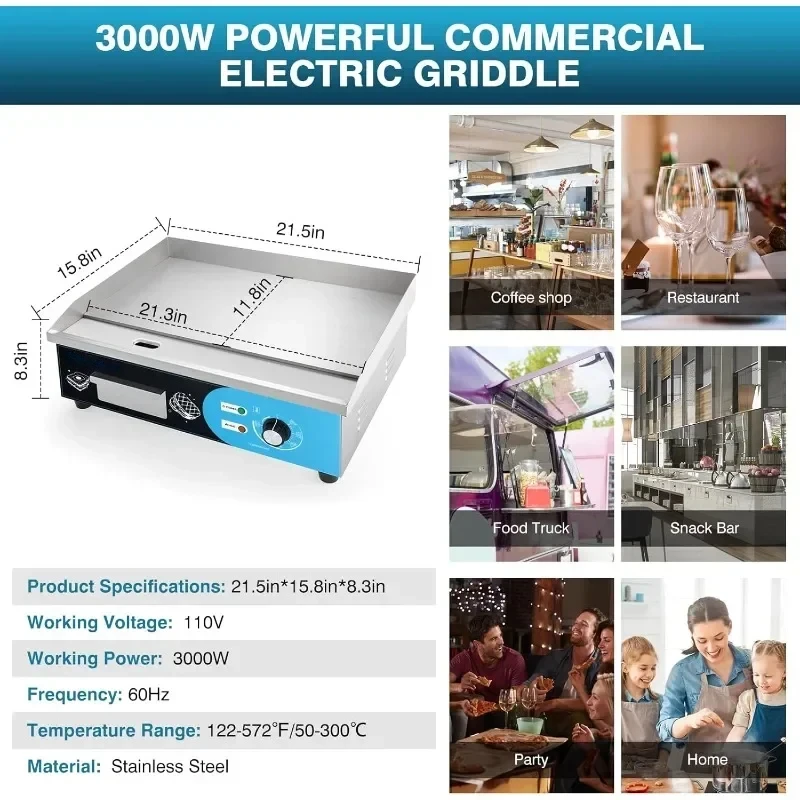 Commercial Electric Griddle Electric Flat Top Grill Stainless Steel Countertop Non-stick Adjustable Temperature