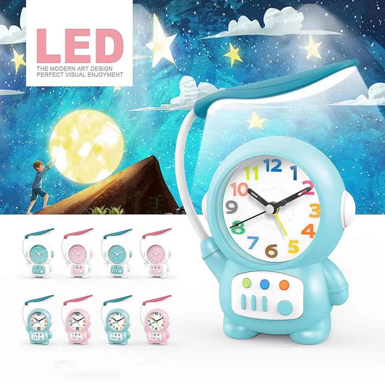 Astronaut Desk Lamp with Glowing Alarm Clock Cartoon Children Kids Reading Night Light Tabletop Clock Home Decorations