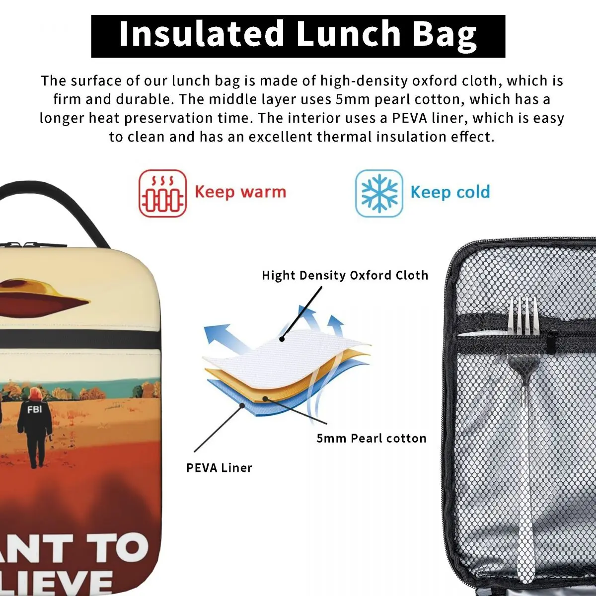 The X Files I Want To Believe FBI P Insulated Lunch Bag for Women Children Leakproof Food Boxes Thermal Lunch Box Tote