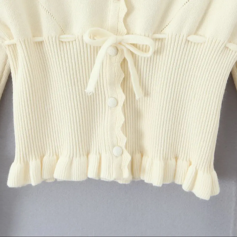 2025 شيك هول زر من خلال المحاصيل Pointelle سترة متماسكة سترة امرأة الخامس طوق القوس الخصر مضيئة كم البلوز تريكو