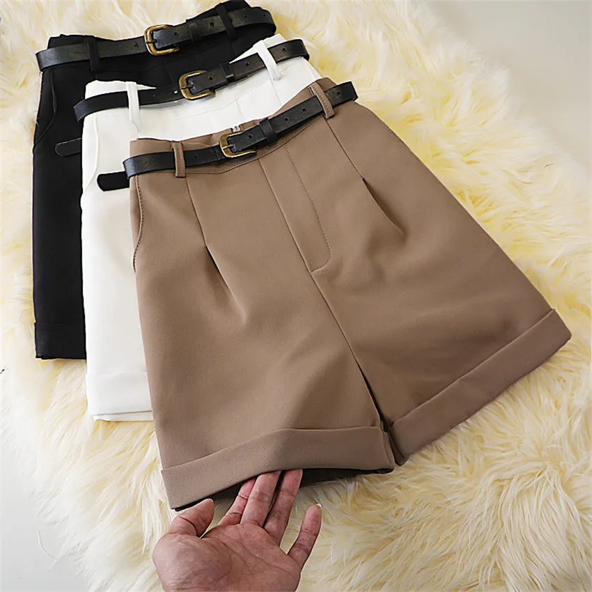 

Gowyimmes 2022 Plus Size Women Loose Suit Shorts Slim Lady High Waist A-line Wide Leg Shorts Girl Sashes Outwear Mujer PD1358