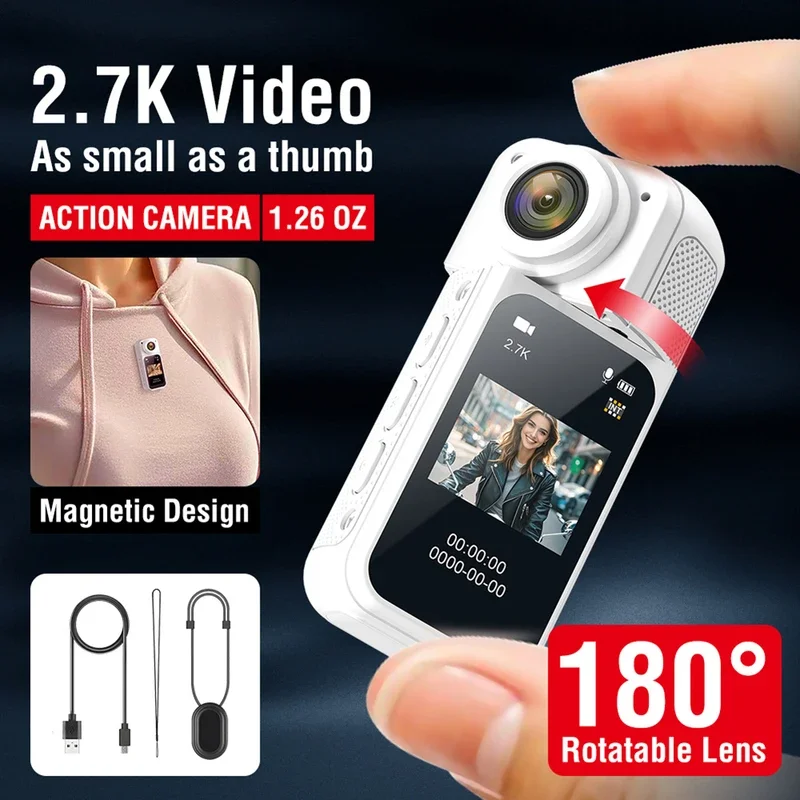 

Mini 2.7K Thumb Action Camera 1080P Pocket Sport Cam 1.47 Inch 180 Angle WIFI Recorder Magnetic Attraction Bracket Camera