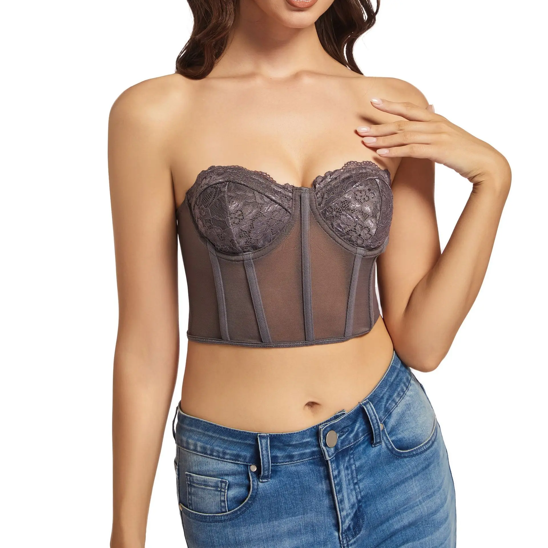 مشد نسائي قصير شبكي بدون حمالات سترة مثيرة مفرغة سترة ضيقة على شكل هيكل السمكة ملابس علوية لصيف 2025