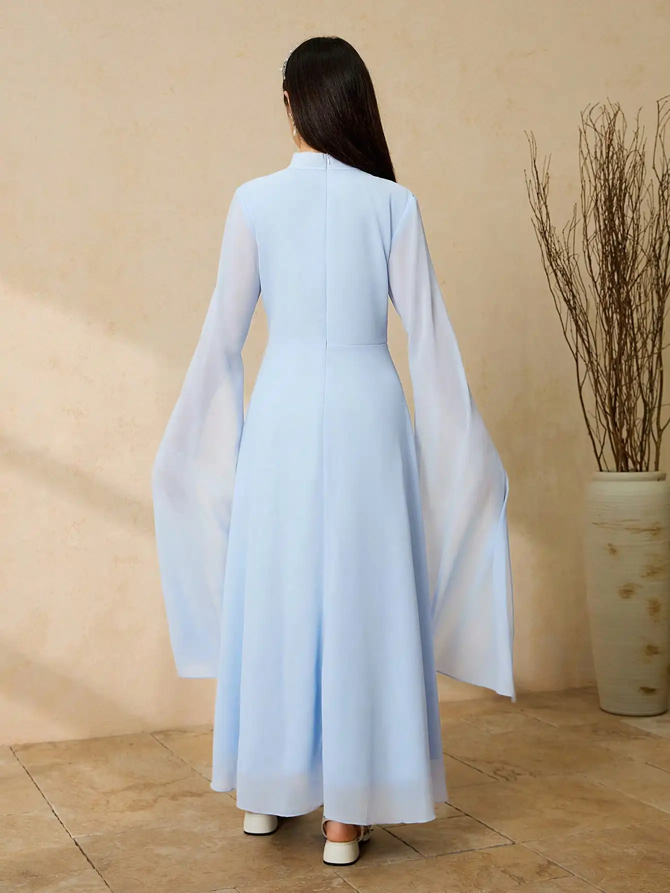 

Dusty Blue Long Sleeve Cutout Neck A-Line Party Dress With Flared Sleeves
