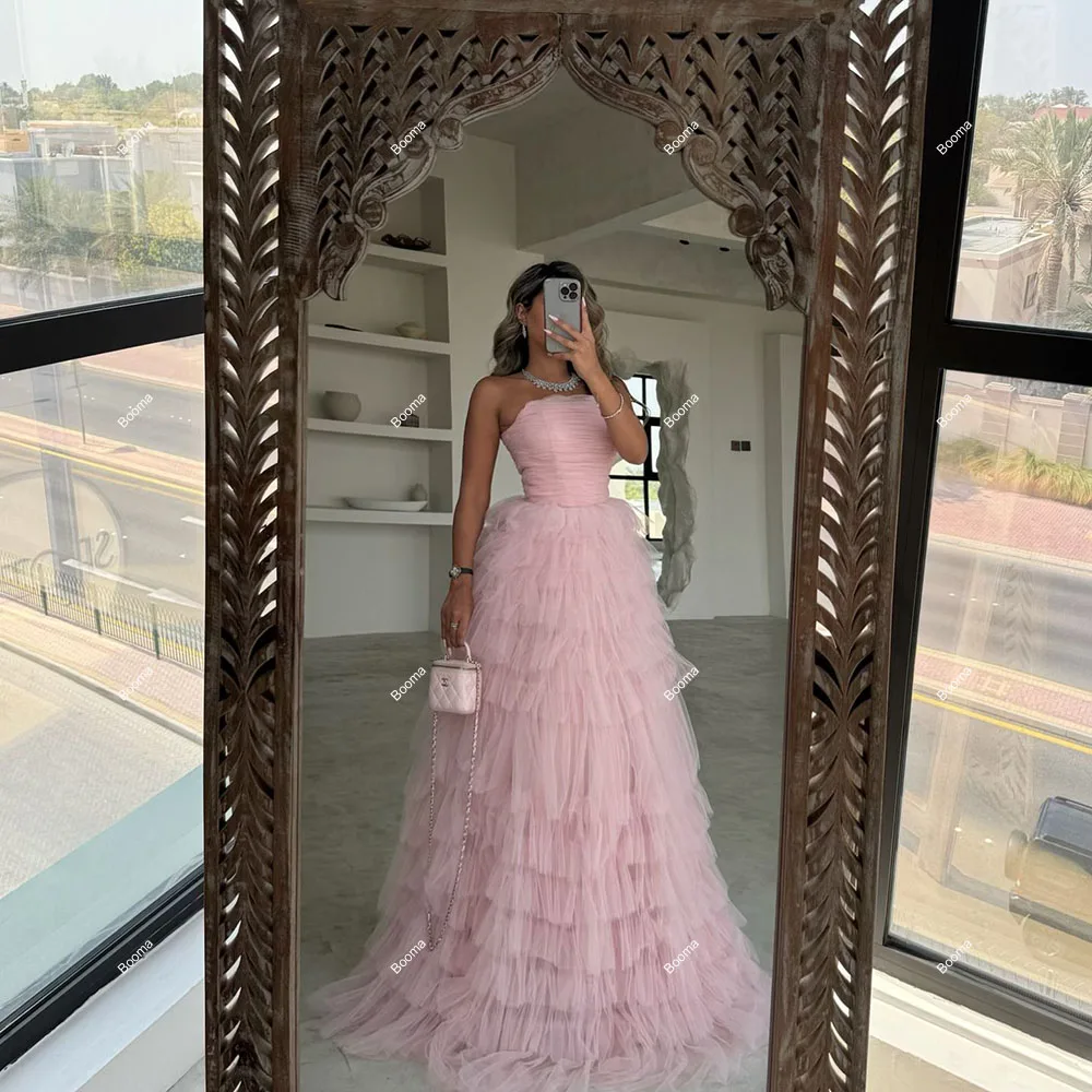 Booma A-Line ชุดราตรี Strapless Tiered Tulle Prom Gowns สําหรับผู้หญิงยาวอย่างเป็นทางการ Party Dresses ดูไบศุลกากร