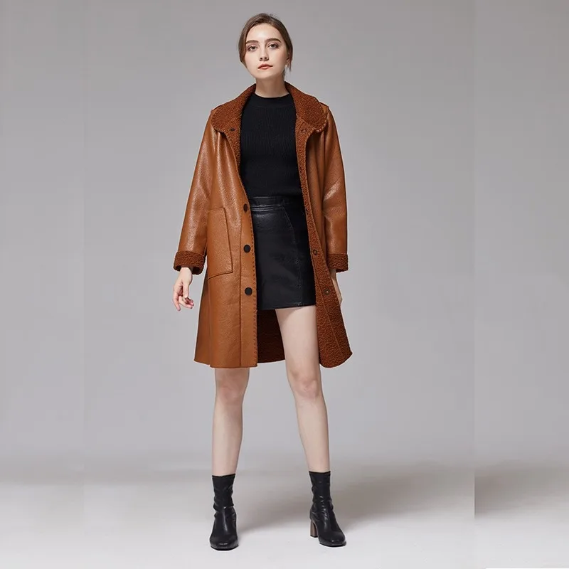 New Autumn Winter Fashion Women Dress Featuring A Mid-length Thickened Loose PU Leather Jacket Solid Color Versatile Windbreaker