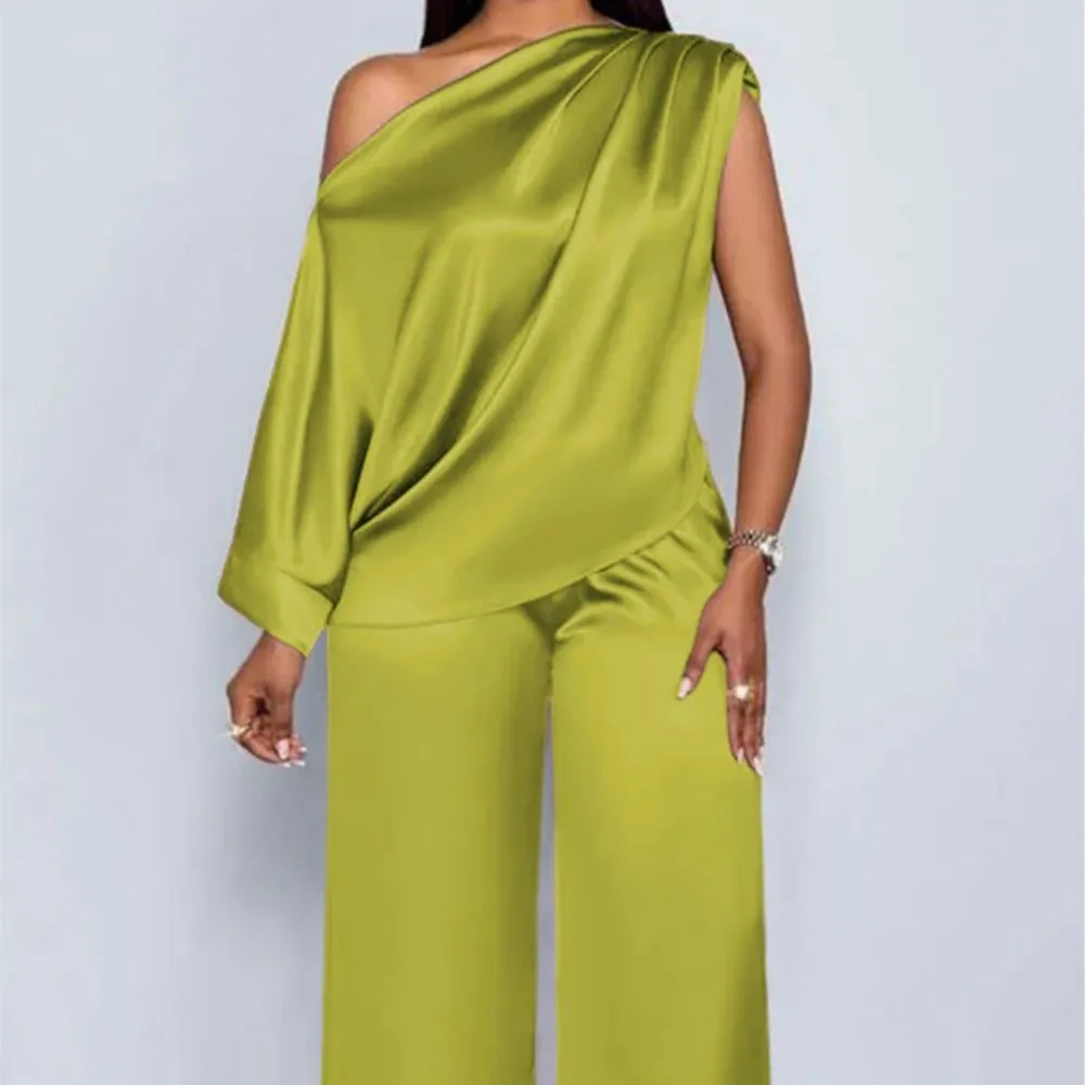 

Summer Satin Trousers Set Solid Color Fashionable Slanted Shoulder Short-sleeved Pullover Top Wide-leg Trousers Two-piece Set