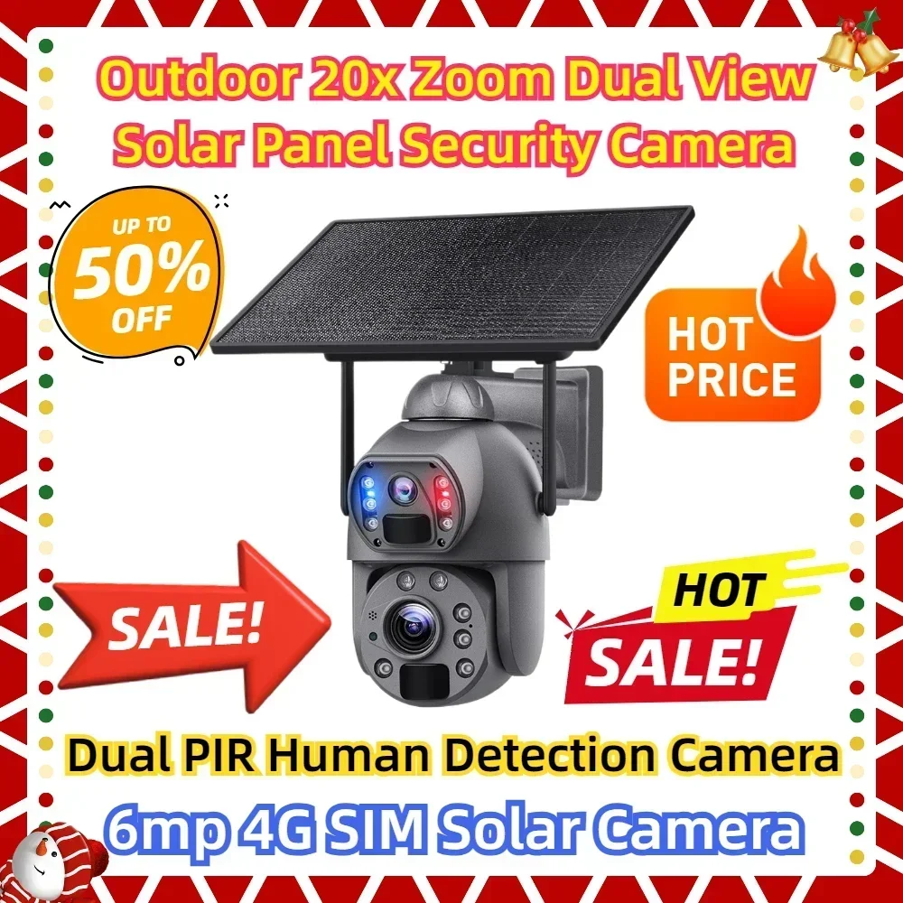 

Outdoor 20x Zoom Dual View Solar Panel Security Camera PTZ Camera Dual PIR Human Detection 6mp 4G SIM Solar Camera